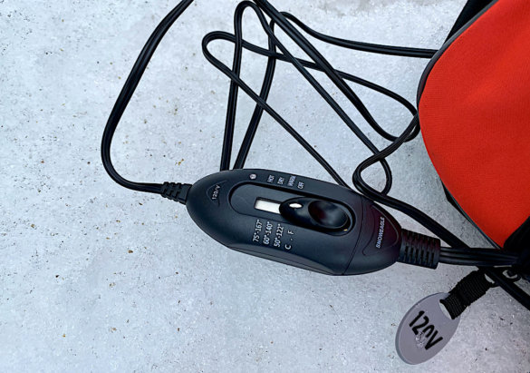 This photo shows a closeup of the controller for the Rossignol Hero Heated Boot Bag.