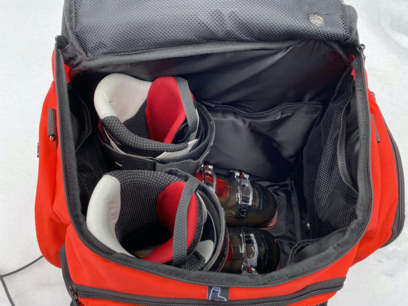 This review photo shows the author's ski boots inside the Rossignol Hero Heated Boot Bag.