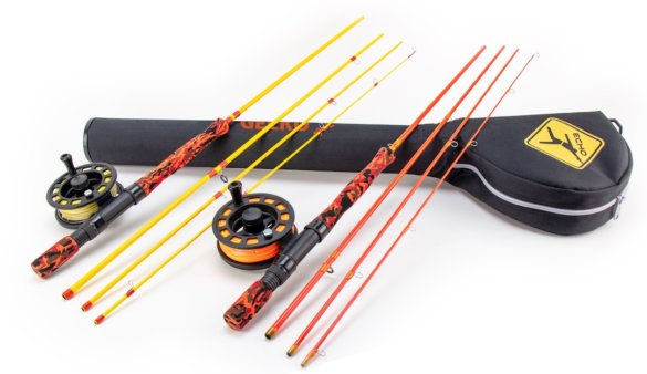 This photo shows the Echo Gecko fly fishing rod and reel kits for kids, including the Gecko Trout and Gecko Panfish.