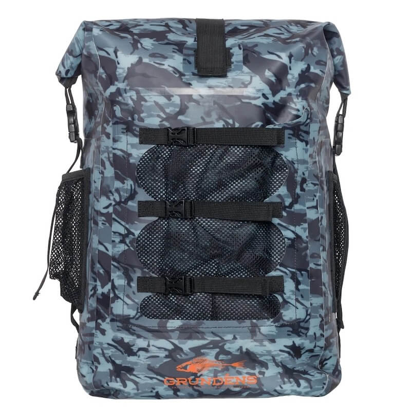This fishing backpack product photo shows the Grundens Rumrunner Backpack. 