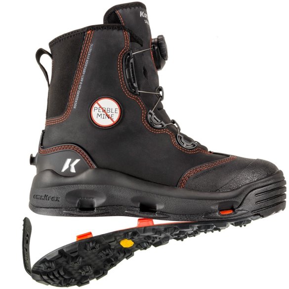This photo shows the new limited edition Korkers Devil's Canyon Wading Boot 'No Pebble Mine' edition.