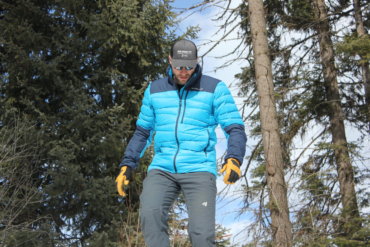 This photo shows the author wearing the men's Norrøna Falketind Down750 Jacket during the testing and review process.