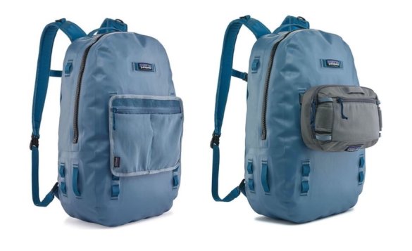 This photo shows the Patagonia Guidewater Backpack 29L with an attached organizational pocket and with the Stealth Workstation accessory pouch.