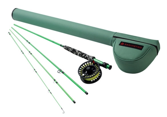 This fly fishing outfit buying guide photo shows the Redington Minnow Youth Combo rod, reel, fly line, and case outfit kit.