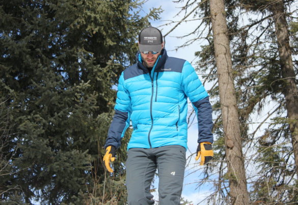 This photo shows the author wearing the Norrøna Falketind Down750 Jacket in winter.