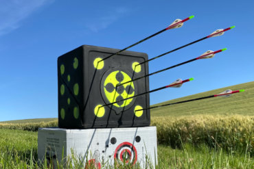 This photo shows the Rinehart RhinoBlock Archery Target in a field with arrows in it during the start of the testing review process by the author.