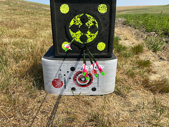 This photo shows a 5-shot group of arrows shot by the author during the Rinehart RhinoBlock testing process.