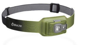 This photo shows the BioLite HeadLamp 200 rechargeable headlamp.