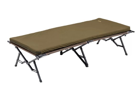 This photo shows the Cabela's 3" Cot Pad unrolled on top of a camping cot.