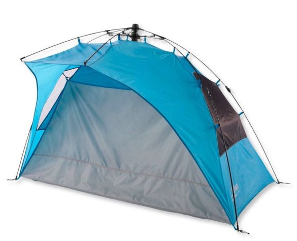 This photo shows the L.L.Bean Sunbuster Folding Shelter with the front pulled up to create a privacy tent.