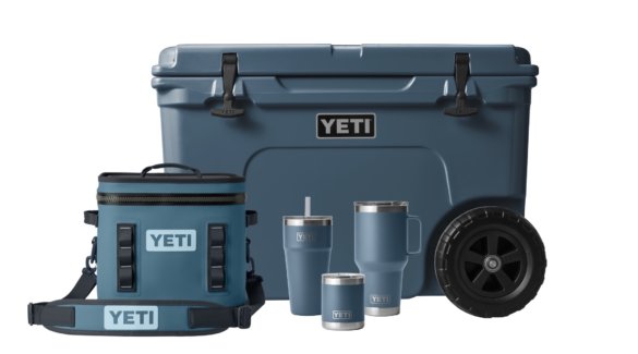 This photo shows YETI coolers and drinkware in the Nordic Blue color option.