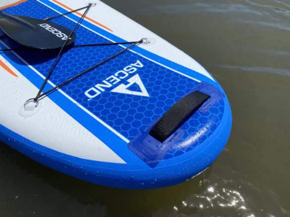 This photo shows the nose of the Bass Pro Shops Ascend Inflatable Stand-Up Paddleboard.
