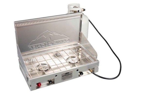 This product photo shows the Camp Chef Mountaineer Aluminum 2 Burner Camp Stove.