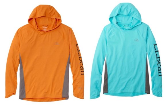 This photo shows the men's and women's L.L.Bean Tropicwear Knit Hoodie options side-by-side.