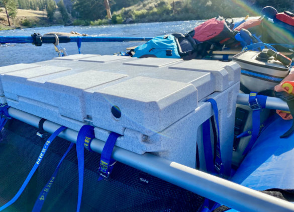 This photo shows the rear of the Prospector 103 cooler on a raft.