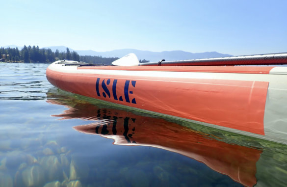 This photo shows a side profile closeup of the ISLE Pioneer 2.0 Inflatable Paddle Board.