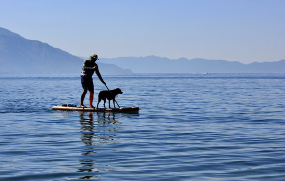 This photo shows the author paddling the ISLE Pioneer 2.0 Inflatable Paddle Board on a lake during the testing and review process.