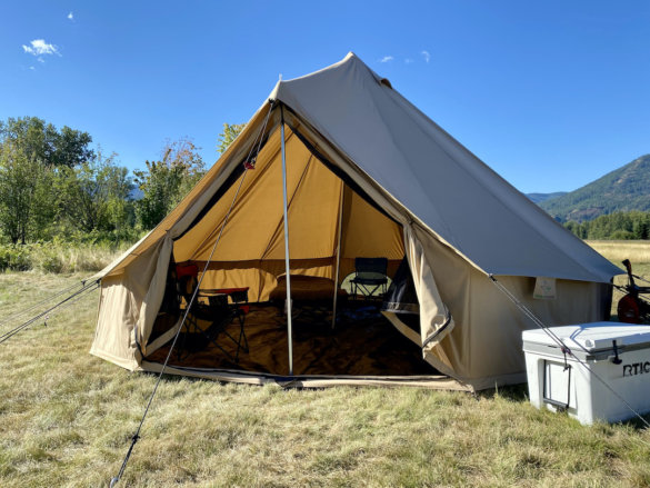 This photo shows the White Duck Regatta Bell Tent set up for camping during the testing and review process.