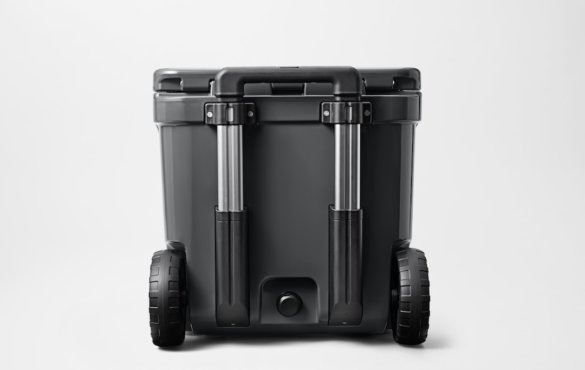This photo shows the rear of the YETI Roadie wheeled cooler.