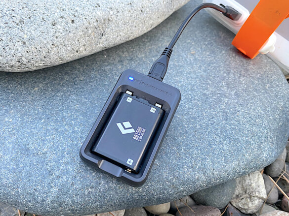 This photo shows the Black Diamond BD 1500 battery and charger.