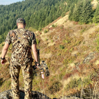 This photo shows the author wearing the First Lite Wick Short Sleeve Crew during the testing and review process during an archery elk hunt.