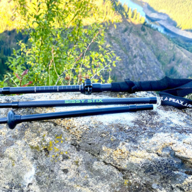 This photo shows the PEAX Backcountry Z Sissy Stix on a rock in rugged terrain during the testing and review process.