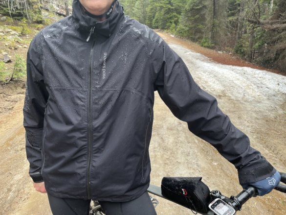 This photo shows the Timberline Rain Jacket with rain on it.