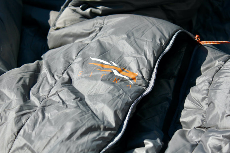 This photo shows the Sitka Kelvin Aerolite 30 Sleeping Bag in a closeup.