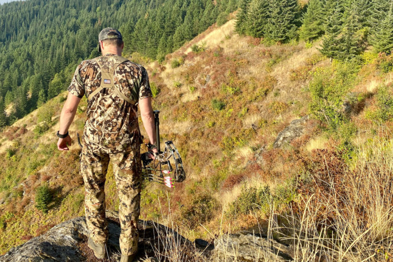 This photo shows the author wearing Sitka Mountain Pants while archery elk hunting in Idaho during the testing and review process.