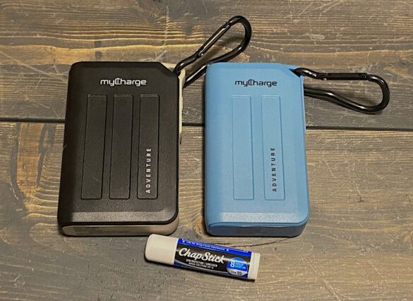 This photo shows a size comparison between the myCharge Adventure H2O 3350mAh version at right and the Adventure H2O Turbo 10050mAh version at left.
