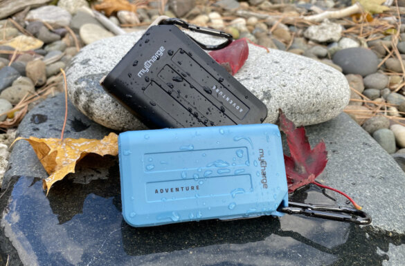 This photo shows a blue myCharge Adventure H2O 3350mAh charger next to an Adventure H2O Turbo 10050mAh waterproof charger.