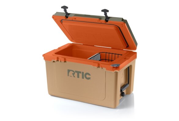 This photo shows the RTIC 32 QT Ultra-Light Cooler orange and tan version with its lid up.