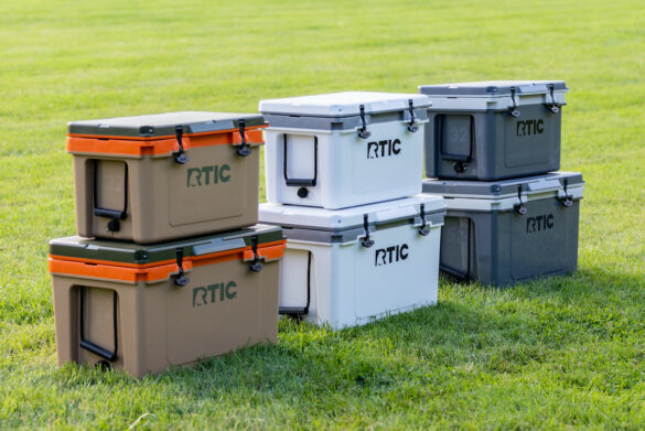 This photo shows three 32 QT Ultra-Light Coolers stacked on top of three 52 QT Ultra-Light Coolers.