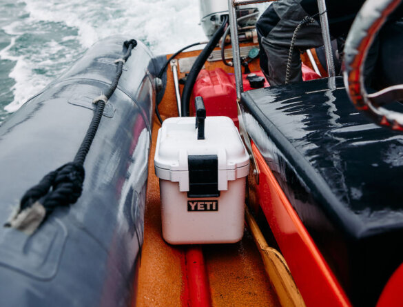 This photo shows the new YETI LoadOut GoBox 15 in side a boat.
