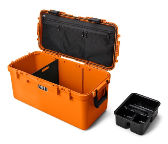This photo shows the new YETI LoadOut GoBox 60 with cargo tray, divider and YETI Pack Attic.