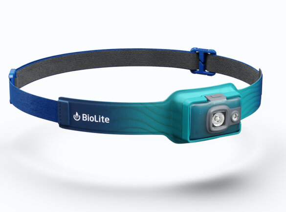 This photo shows the BioLite HeadLamp 325 in the teal color option.