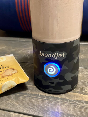 This photo shows the BlendJet 2 blending a protein smoothie during the testing and review process.