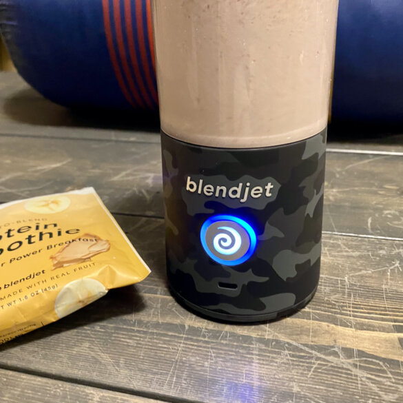 This photo shows the BlendJet 2 blending a protein smoothie during the testing and review process.