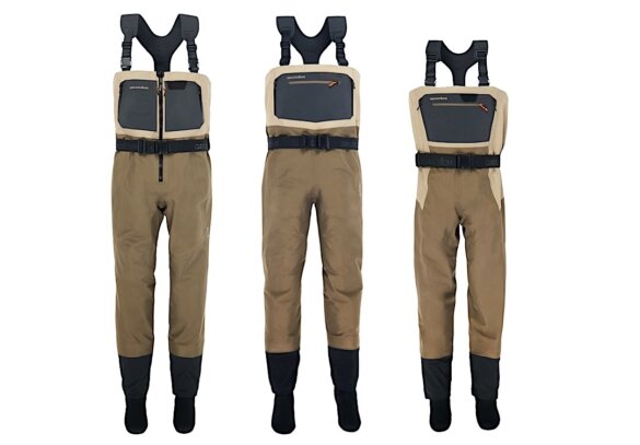 This photo shows the new Grundens Boundary Zip Stockingfoot Wader next to the Boundary Stockingfoot Wader which is next to the Women's Boundary Stockingfoot Wader.