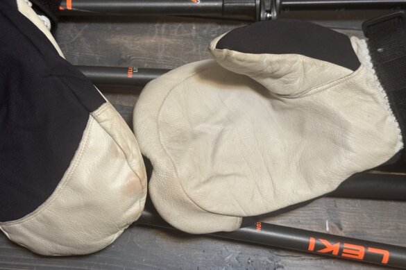 Closeup of leather palms on Hestra mittens.