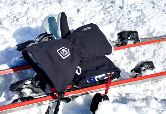 This photo shows a closeup of the Hestra Army Leather Heli Ski Mitts outside on snow during the initial test.