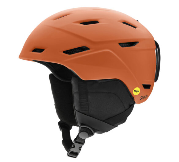 This photo shows the Smith Mission MIPS Helmet in the matte carnelian color option.