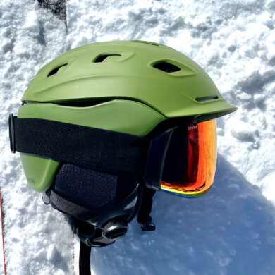 This photo shows the Smith Vantage MIPS Helmet with Smith 4D MAG Goggles outside on snow.