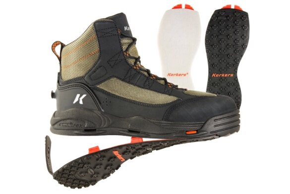 This wading boot product photo shows the Korkers Greenback <yoastmark class=