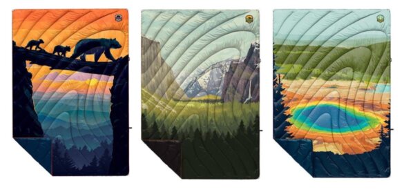 This photo shows three national park Rumpl blanket options.