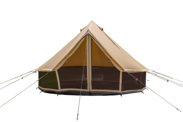 This product photo shows the White Duck 13' Regatta 360 canvas bell-style tent setup with the mesh walls shown.