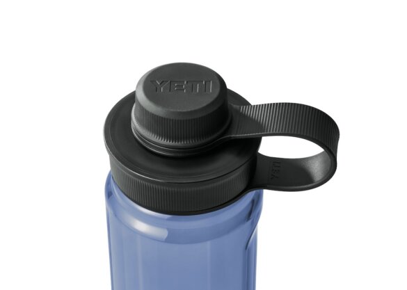 This photo shows a closeup of the new YETI Yonder Tether Cap on a YETI Yonder Water Bottle.