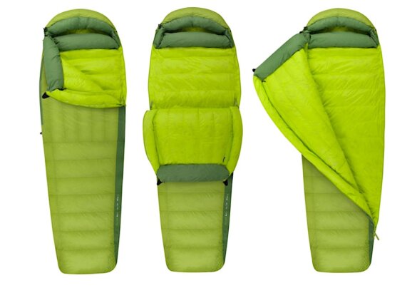 This product photo shows the Sea to Summit Ascent Sleeping Bag in three configuration options side-by-side.
