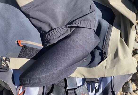 This photo shows a closeup of the Grundéns Boundary Wader stockingfoot bootie design.