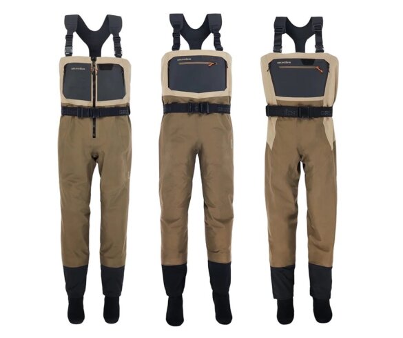 This product photo shows the new Grundéns Boundary Stockingfoot Waders lineup, including the men's Zip version as well as the women's waders version.